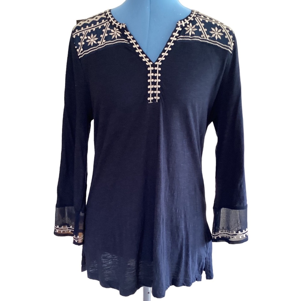 Lucky Brand Navy Embroidered V-neck Pullover Top Size M